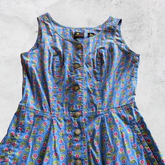 Lizsport Vintage 90s Floral Cotton Button up Midi Dress Blue Petite 10P cottage - Picture 2 of 9